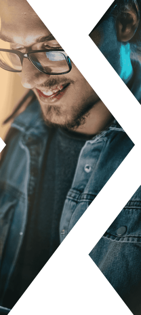 A man wearing glasses works on a laptop, framed within Textkernel's distinctive X symbol.
