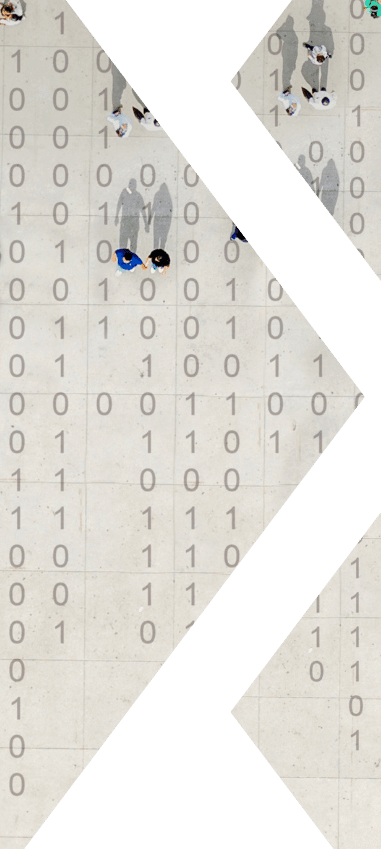 A large arrow points to a group of people with ones and zeros standing on a floor, depicted in textkernel's icon style.