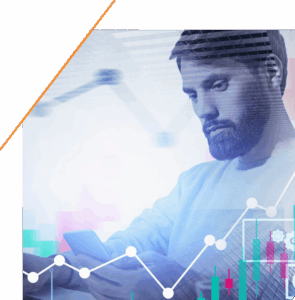 Bearded man in a light sweater looking down at a laptop with bar charts and a line graph overlaid, showing labor market data for capital markets, cropped at Textkernel's 47-degree brand angle with an orange accent line.