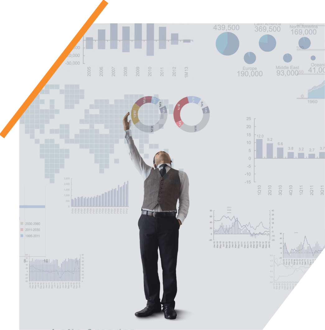 Businessman in a vest and tie reaching toward floating bar charts, pie charts, a world map, and regional figures, illustrating labor market data for capital markets.